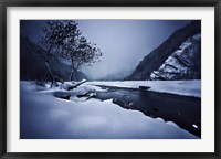Framed Small river in the misty, snowy mountains of Ritsa Nature Reserve