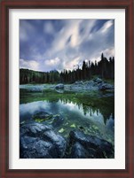 Framed Karersee Lake and Dolomite Alps in the morning, Northern Italy