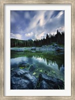 Framed Karersee Lake and Dolomite Alps in the morning, Northern Italy