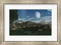 Framed Artist's concept of Mayan like ruins on a ringed planet