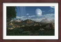 Framed Artist's concept of Mayan like ruins on a ringed planet