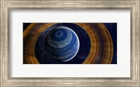 Framed ringed blue gas giant with shepherd moon in the rings