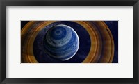 Framed ringed blue gas giant with shepherd moon in the rings