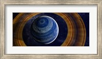 Framed ringed blue gas giant with shepherd moon in the rings