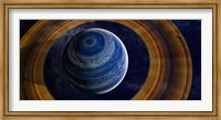 Framed ringed blue gas giant with shepherd moon in the rings