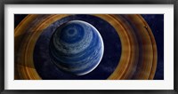 Framed ringed blue gas giant with shepherd moon in the rings