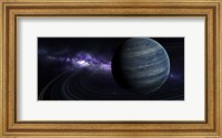 Framed Artist's concept of a blue ringed gas giant in front of a galaxy