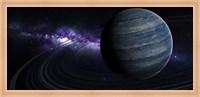Framed Artist's concept of a blue ringed gas giant in front of a galaxy
