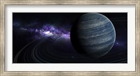 Framed Artist's concept of a blue ringed gas giant in front of a galaxy