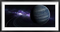 Framed Artist's concept of a blue ringed gas giant in front of a galaxy