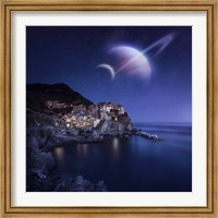 Framed View of Manarola on a starry night with planets, Northern Italy