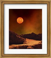 Framed Rugged Planet Landscape Dimly Lit by a Distant Red Star