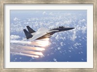 Framed F-15 Eagle Releases Flares over the Pacific Ocean