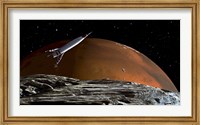 Framed Spaceship in Orbit over Mars Moon, Phobos