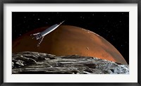 Framed Spaceship in Orbit over Mars Moon, Phobos