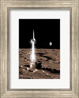 Framed 1950's view of a Stream-lined Finned Spaceship Beginning its Landing Phase