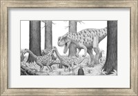 Framed Ceratosaurus Chasing Young Apatosaurus Dinosaurs