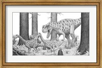 Framed Ceratosaurus Chasing Young Apatosaurus Dinosaurs
