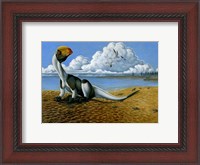 Framed Dilophosaurus on the beach