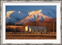 Framed Woolshed and Kakanui Mountains, Otago, New Zealand