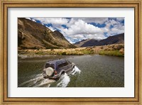 Framed 4WD crossing Mararoa River, Mavora Lakes, Southland, South Island, New Zealand