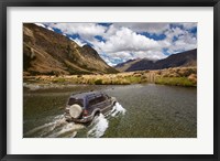 Framed 4WD crossing Mararoa River, Mavora Lakes, Southland, South Island, New Zealand