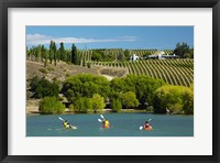 Framed Kayakers and vineyard, Bannockburn Inlet, Lake Dunstan, Central Otago, South Island, New Zealand