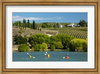 Framed Kayakers and vineyard, Bannockburn Inlet, Lake Dunstan, Central Otago, South Island, New Zealand