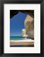 Framed Sea cave, beach and cliffs, Tunnel Beach, Dunedin, South Island, New Zealand