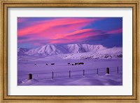 Framed Sunset over Hawkdun Range and farmland, Maniototo, Otago, New Zealand