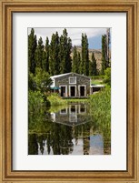 Framed shed and pond, Northburn Vineyard, Central Otago, South Island, New Zealand