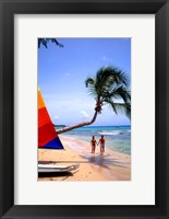 Framed Couple on Beach with Sailboat and Palm Tree, Barbados
