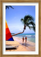 Framed Couple on Beach with Sailboat and Palm Tree, Barbados