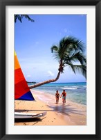 Framed Couple on Beach with Sailboat and Palm Tree, Barbados
