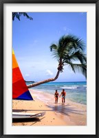 Framed Couple on Beach with Sailboat and Palm Tree, Barbados