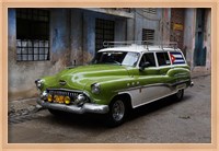 Framed 1950's era antique car and street scene from Old Havana, Havana, Cuba