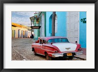 Framed Colorful buildings and 1958 Chevrolet Biscayne, Trinidad, Cuba