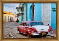 Framed Colorful buildings and 1958 Chevrolet Biscayne, Trinidad, Cuba