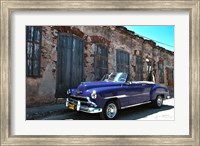Framed Classic 1953 Chevy against worn stone wall, Cojimar, Havana, Cuba