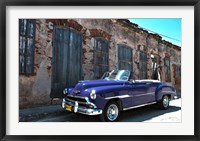 Framed Classic 1953 Chevy against worn stone wall, Cojimar, Havana, Cuba