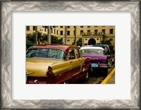 Framed Classic American cars, streets of Havana, Cuba