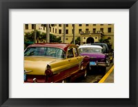 Framed Classic American cars, streets of Havana, Cuba