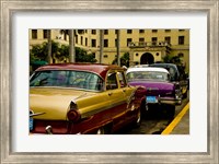 Framed Classic American cars, streets of Havana, Cuba