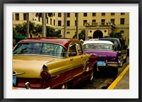 Framed Classic American cars, streets of Havana, Cuba