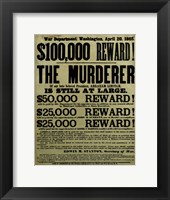 Framed Reward Poster - Murderer of Abraham Lincoln