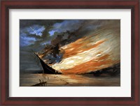 Framed Vintage Civil War painting Warship Burning