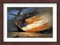Framed Vintage Civil War painting Warship Burning