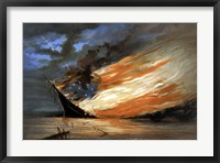 Framed Vintage Civil War painting Warship Burning