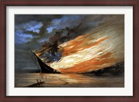 Framed Vintage Civil War painting Warship Burning