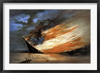 Framed Vintage Civil War painting Warship Burning